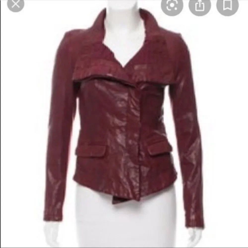 Anthroplogie Q40 maroon leather motto jacket Sz small BoxH collar asymmetrical